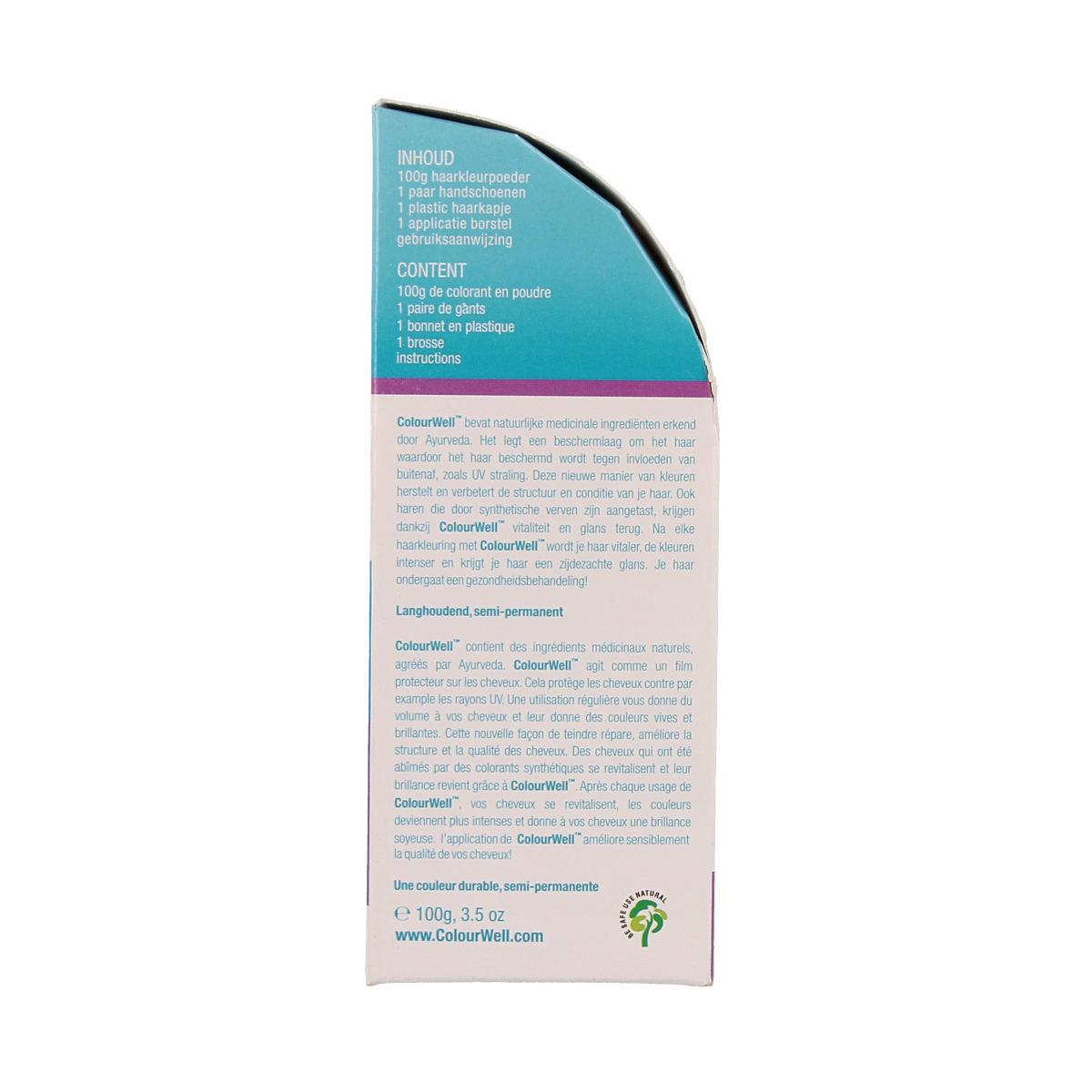 Colourwell 100% natural dark chestnut brown hair dye in 100g package, showing the product and packaging.