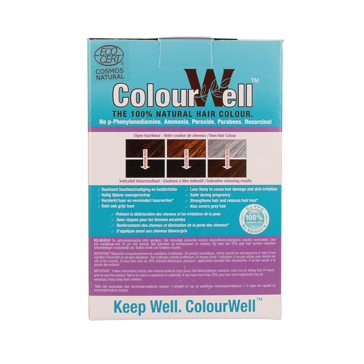 Colourwell 100% natural dark chestnut brown hair dye in a 100g container, showcasing the hair color product.