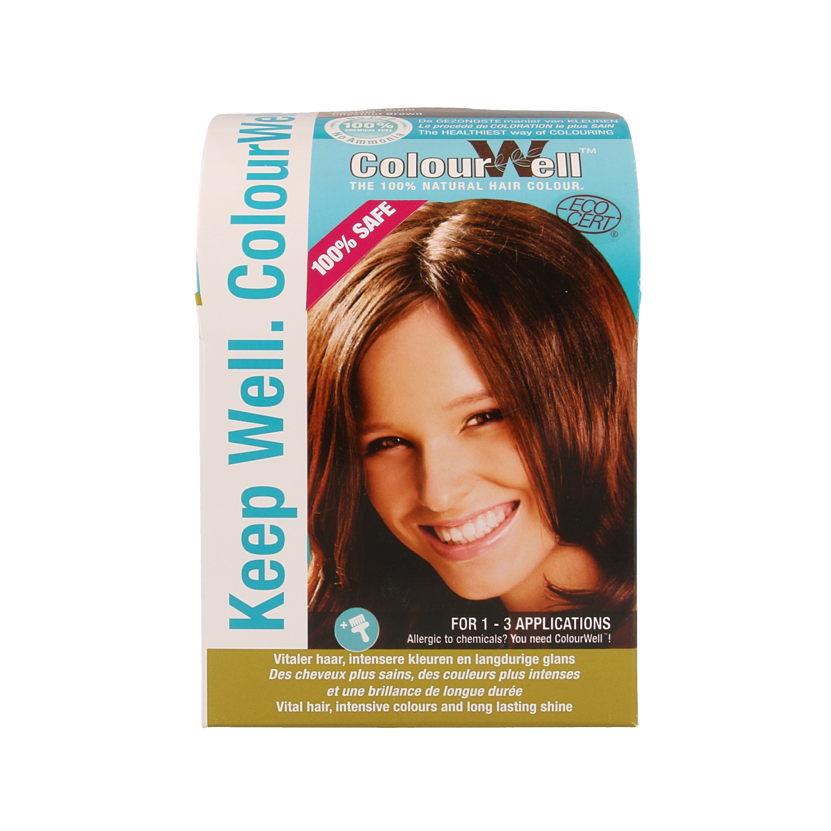 Colourwell natural hair dye in kastanje bruin color, 100g, showcasing the hair coloring product in its packaging.