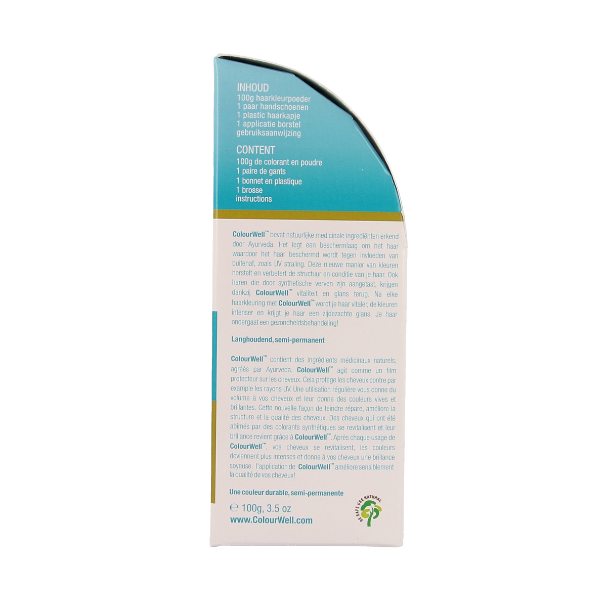 Colourwell natural chestnut brown hair coloring product in 100g packaging, showcasing the hair dye bottle and natural color tone.