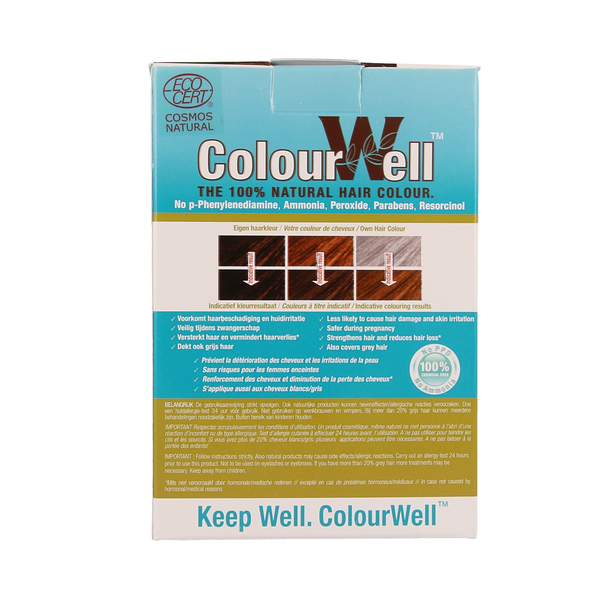 Colourwell natural chestnut brown hair dye in 100g packaging, showcasing the product's color and brand on the box.