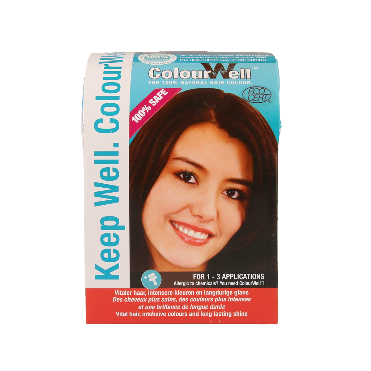 Colourwell 100% natural mahogany hair dye in 100g package, showcasing the rich mahogany color and product packaging.