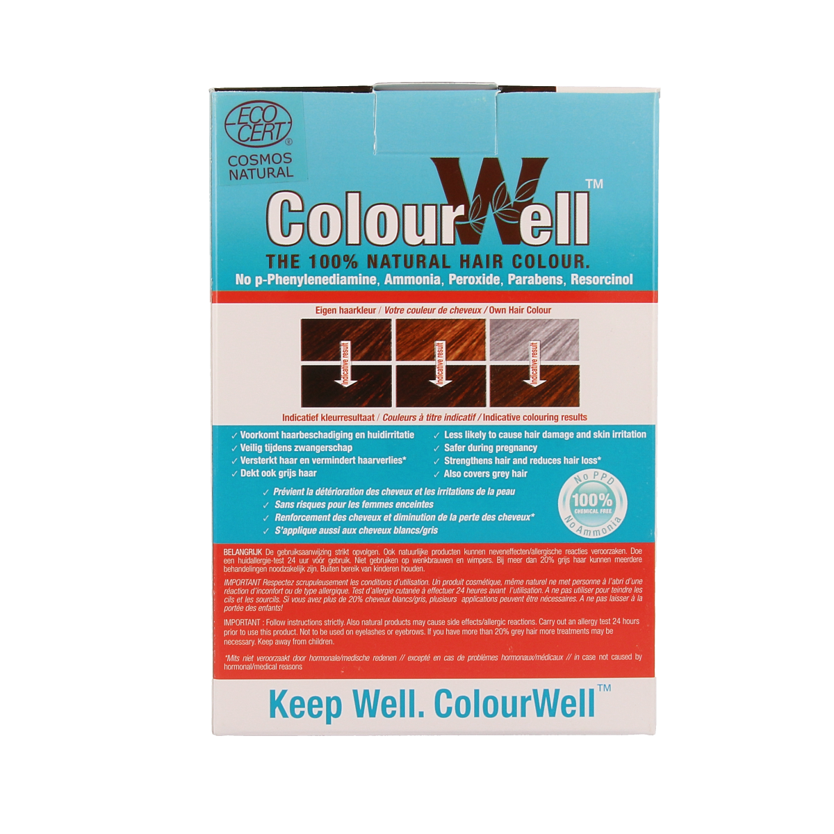 Colourwell 100% natural mahogany hair dye, 100g, showcasing the rich, deep mahogany color in a professional hair coloring product