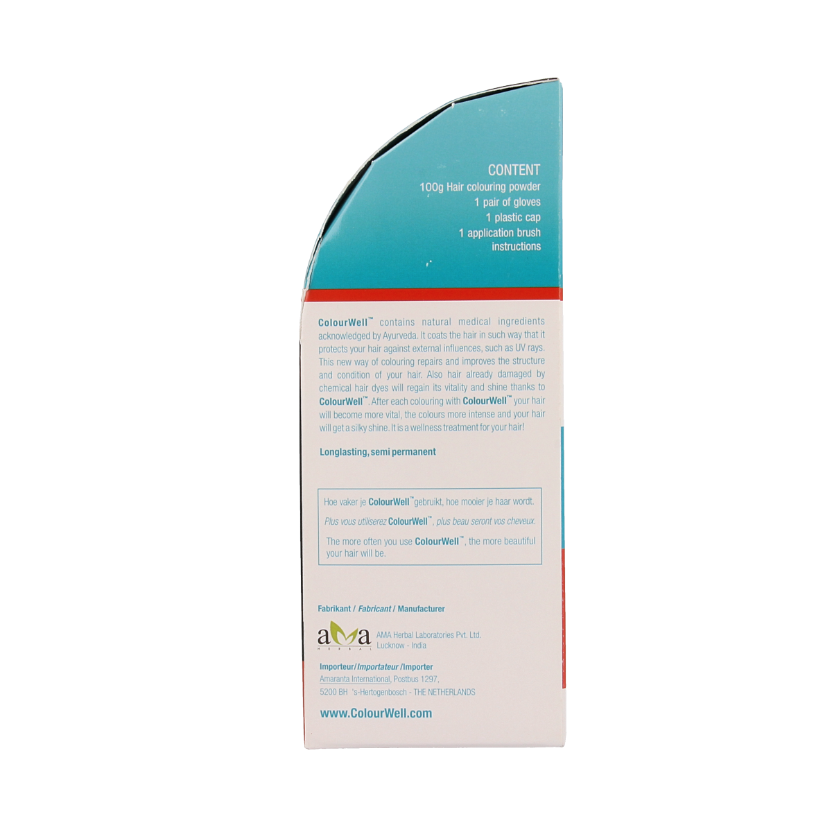 Colourwell natural mahogany hair dye in 100g packaging, showcasing the rich, deep color and product details.