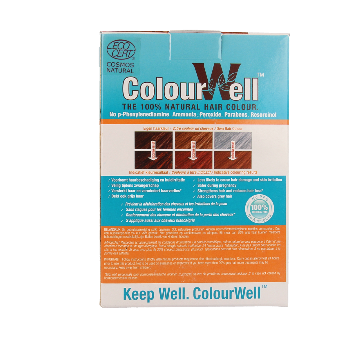 Colourwell natural copper red hair dye in 100g package, showcasing vibrant hair color and brand label.