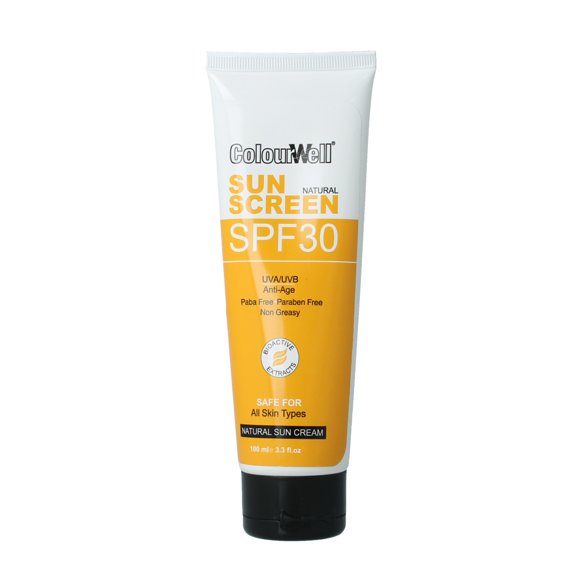 Colourwell Natuurlijke zonnecrème SPF30 bottle, 100ml, UV protection lotion for healthy sun protection in outdoor skincare.
