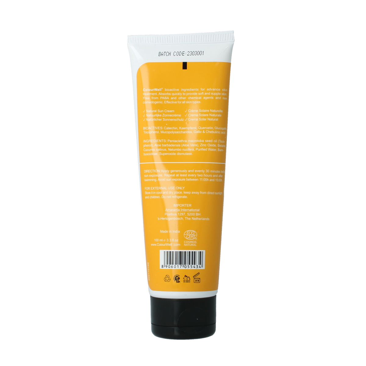 Colourwell Natuurlijke zonnecrème SPF30 in 100ml bottle, natural sun protection lotion for healthy skin.