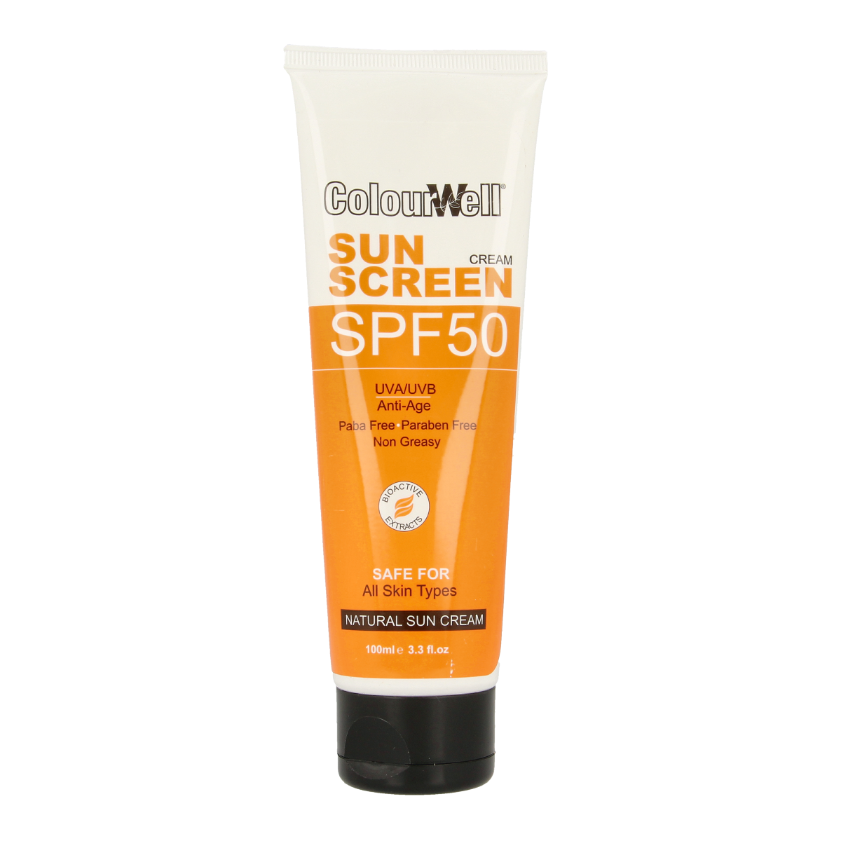 Colourwell Natuurlijke zonnecreme SPF50 in 100ml tube, natural sunscreen for outdoor sun protection.