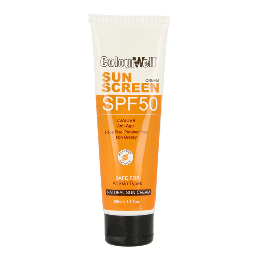 Colourwell Natuurlijke zonnecreme SPF50 in 100ml tube, natural sunscreen for outdoor sun protection.