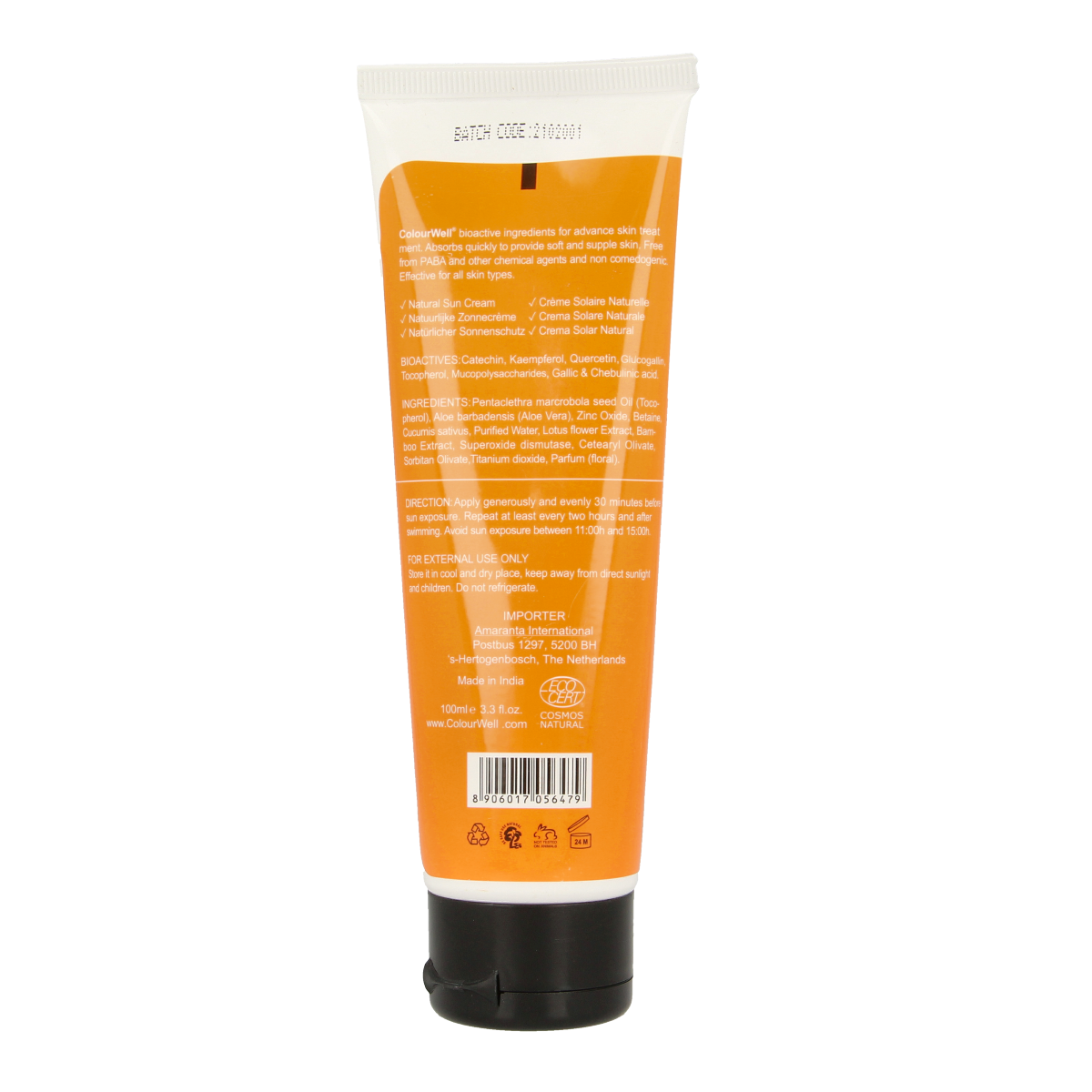 Colourwell Natuurlijke zonnecrème SPF50 in 100ml, natural sun protection lotion with broad-spectrum SPF for healthy skin.