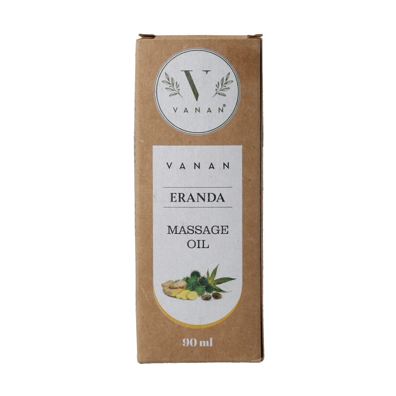 Vanan Eranda massage oil 90ml bottle, natural lichaamsverzorging product with a clear label and cap, designed for massage and skin care