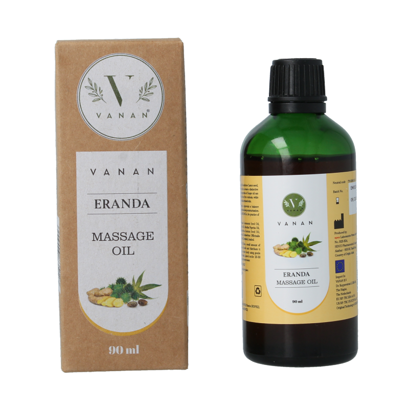 Vanan Eranda massage oil bottle, 90ml, in a clear plastic container with a label, used for body care and relaxation.