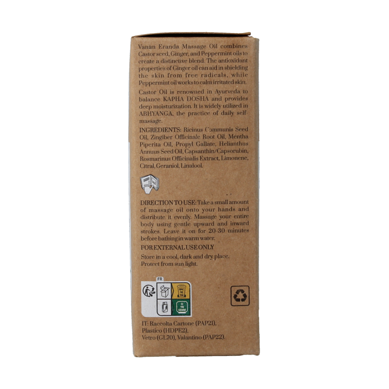 Vanan Eranda massage oil 90ml bottle, natural body care product for soothing massages with herbal ingredients.