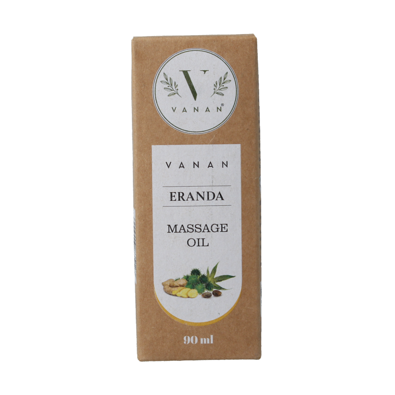 Vanan Eranda massage oil in a 90ml bottle, ideal for body care and relaxation, with a display of the product label and packaging.