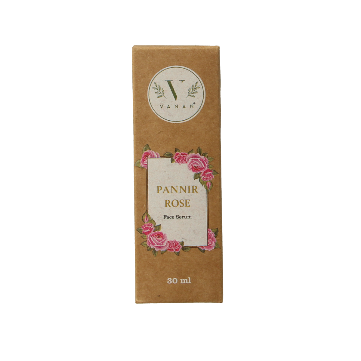 Vanan Pannir Rose Face Serum 30ml in a clear glass bottle with a dropper for facial skincare and hydration.