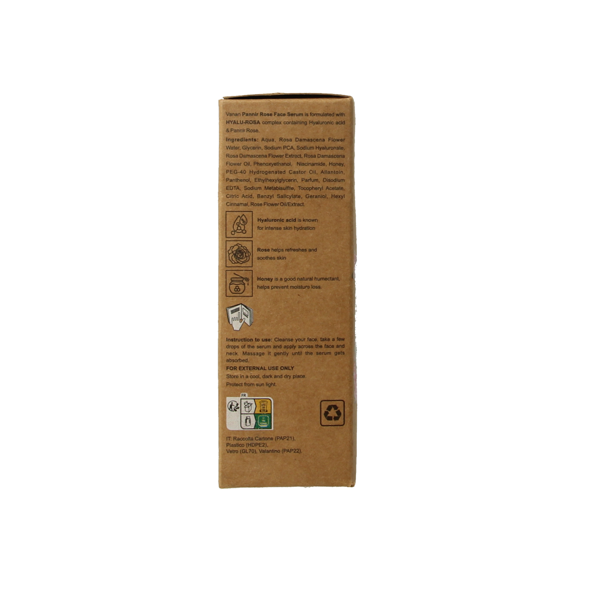Vanan Pannir Rose Face Serum in 30ml bottle, natural skincare product for glowing skin, with rose extract and hydrating formula.