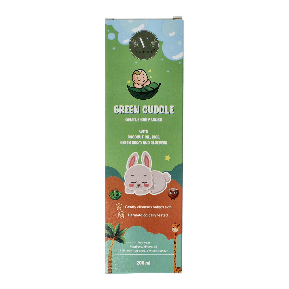 Vanan Green Cuddle Baby Wash gentle formula in a 200ml bottle, designed for baby and toddler skincare.