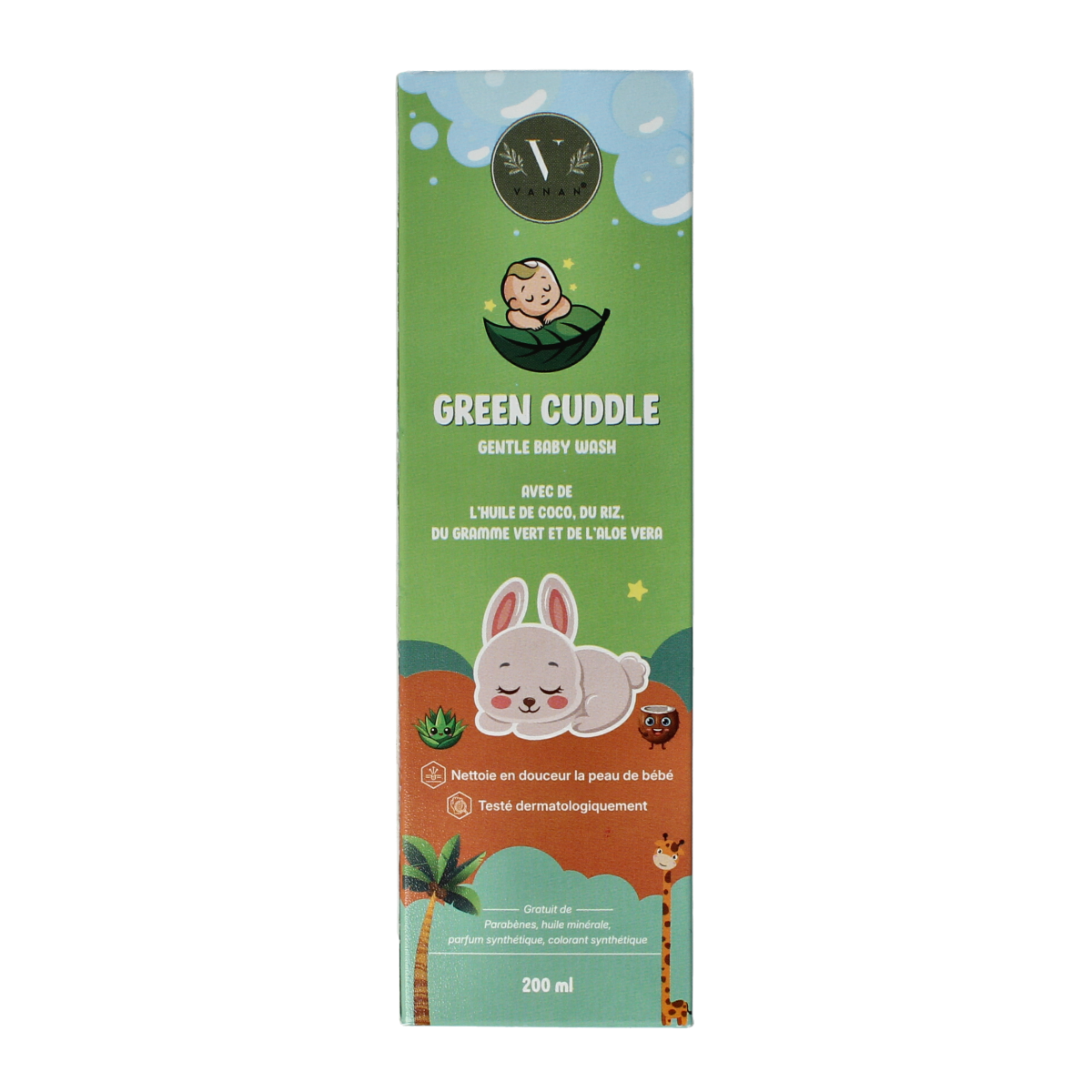 Vanan Green cuddle baby wash gentle formula in 200ml bottle, suitable for baby and toddler skincare.