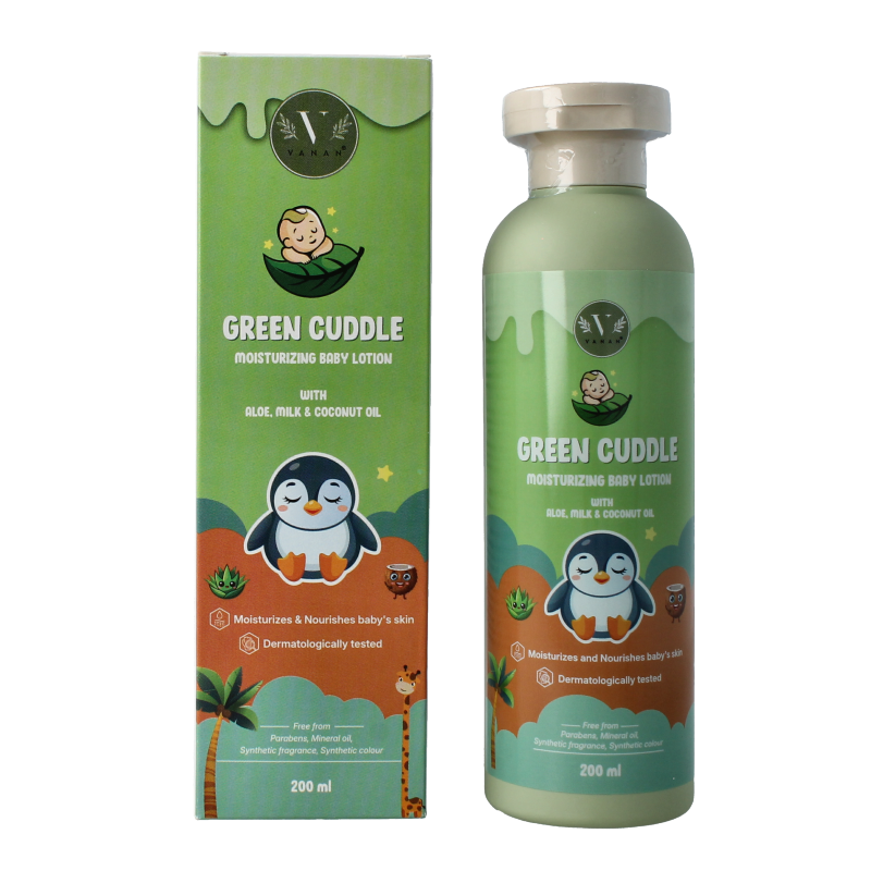 Vanan Green cuddle baby lotion moisturizing 200ml bottle, baby and toddler skincare product with gentle formula in a green container.