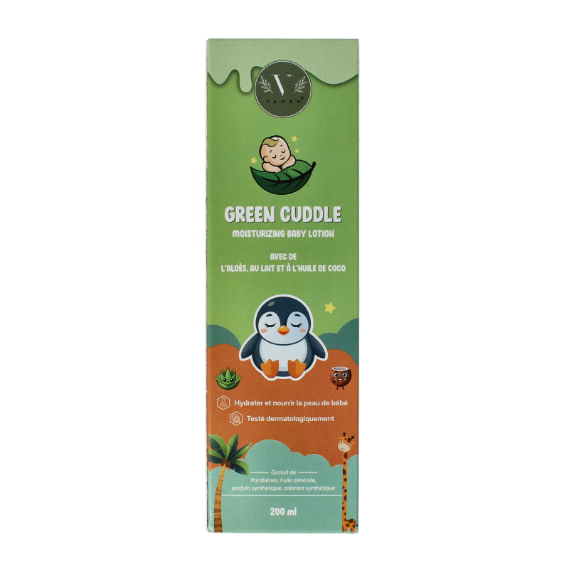 Vanan Green Cuddle baby lotion moisturizing 200ml bottle, gentle for baby and toddler skin, in a green and white packaging.