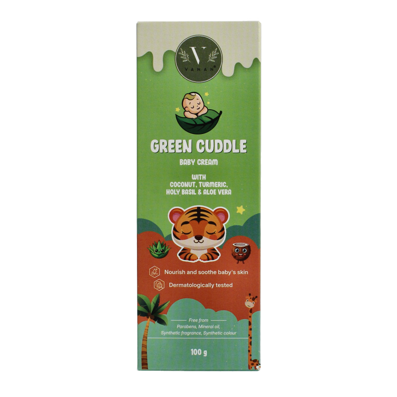 Vanan Green cuddle baby cream 100g jar, gentle baby and toddler skincare product with natural ingredients in a green container.