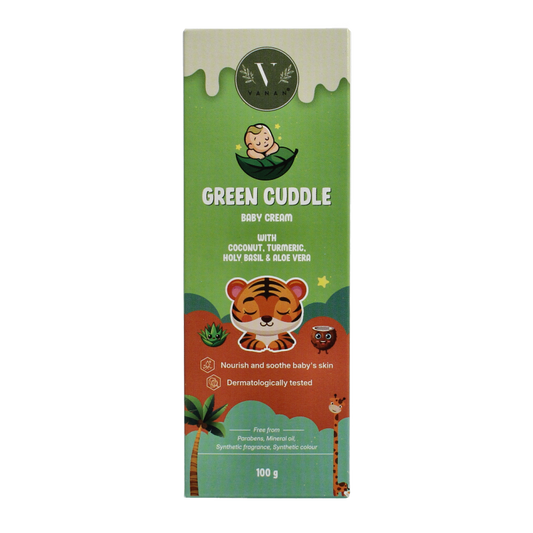 Vanan Green cuddle baby cream 100g jar, gentle baby and toddler skincare product with natural ingredients in a green container.