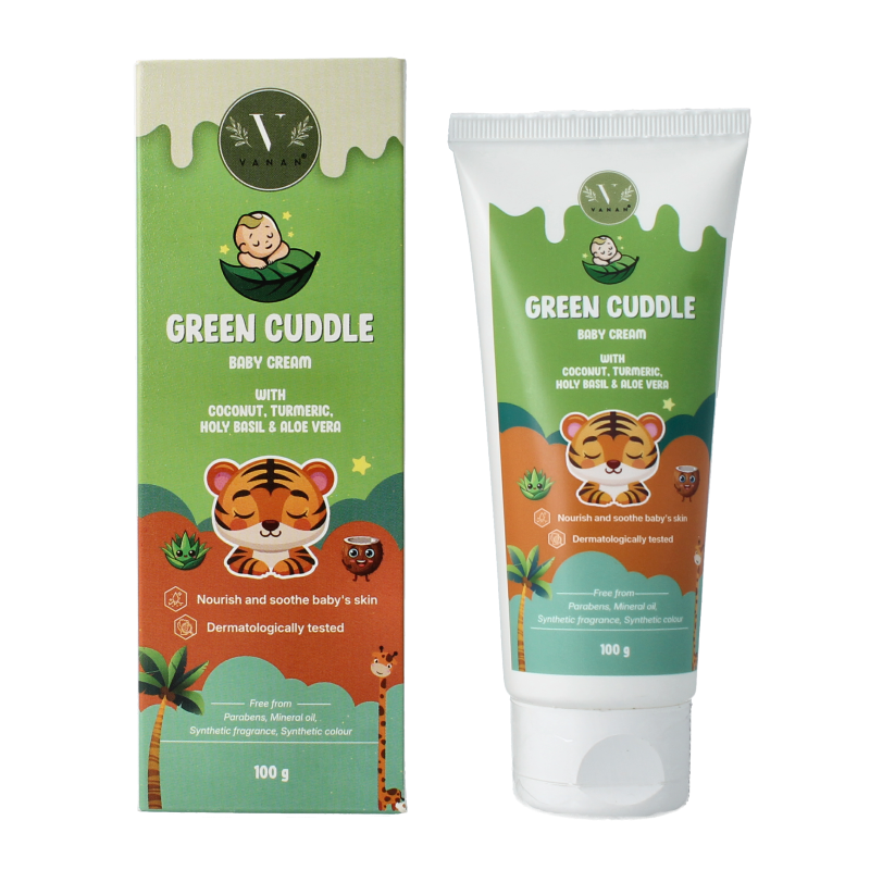 Vanan Green cuddle baby cream 100g jar, gentle baby and toddler skin care product with a green label and lid.