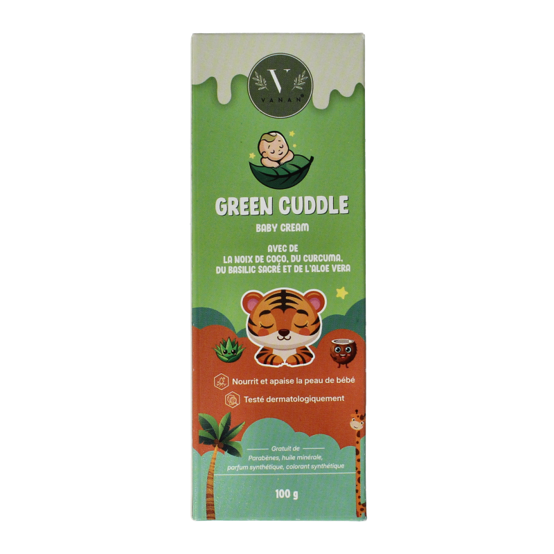 Vanan Green cuddle baby cream 100g jar, gentle baby and toddler skincare product, with soft green packaging and smooth cream texture.
