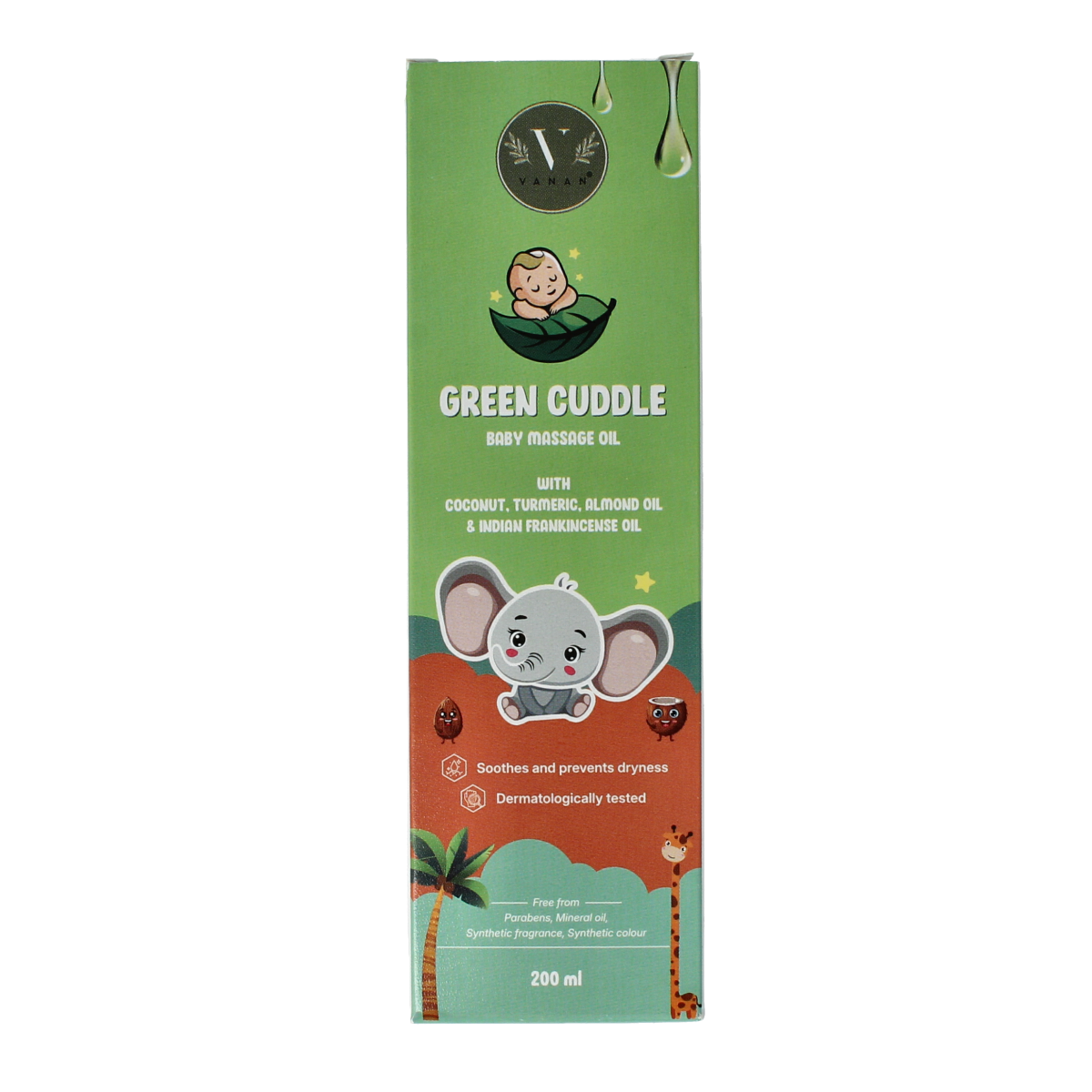 Vanan Green cuddle baby massage oil bottle, 200ml, in a natural setting, ideal for baby and toddler skin care.