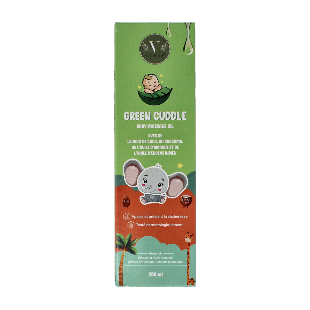 Vanan Green cuddle baby massage oil in 200ml bottle, gentle baby and toddler care product with natural ingredients.