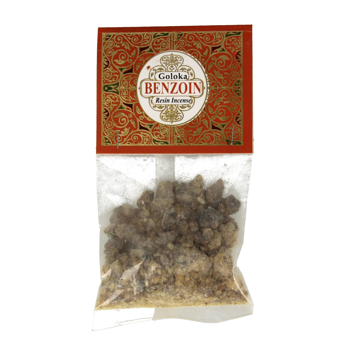 Goloka resin incense benzoin sticks, 30 grams, natural aromatic Wierook with warm, sweet scent in a clear packaging.