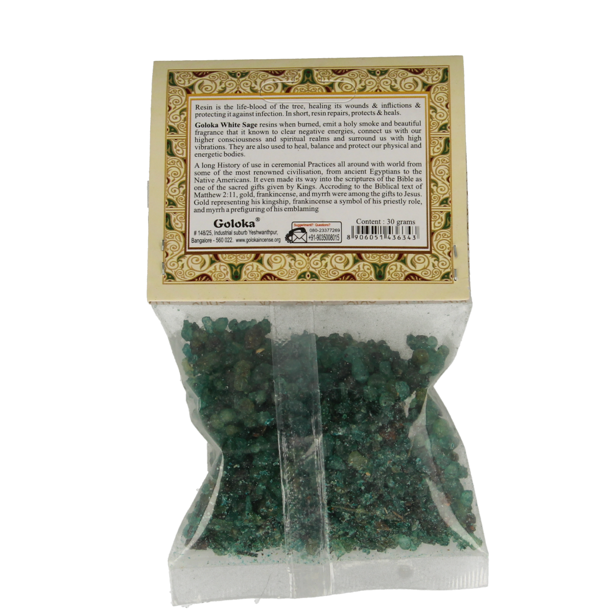 Goloka White Sage Resin Incense Wierook, 30g, with white sage sticks and resin for aromatic burning.