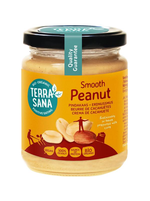Creamy TerraSana organic smooth peanut butter without salt in a 250g jar, ideal as a nutritious bread spread.