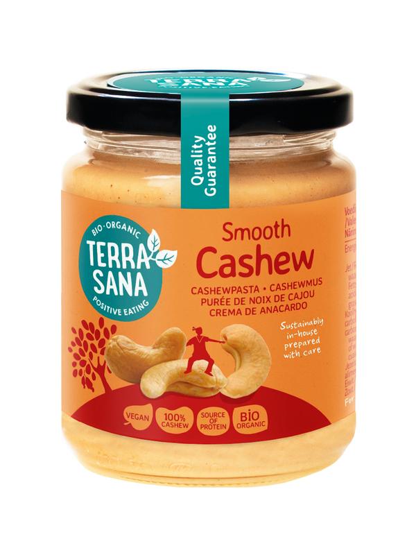 TerraSana bio cashew nut spread without salt on bread, 250g jar, creamy and natural, ideal for vegan and healthy diets.
