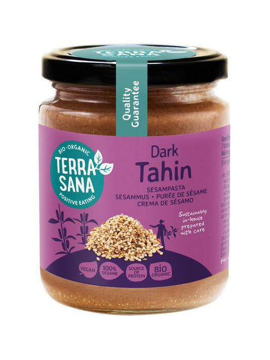 TerraSana Tahin bruin sesampasta zonder zout, biologische broodbeleg in 250g pot, met sesamzaad en natuurlijke ingrediënten