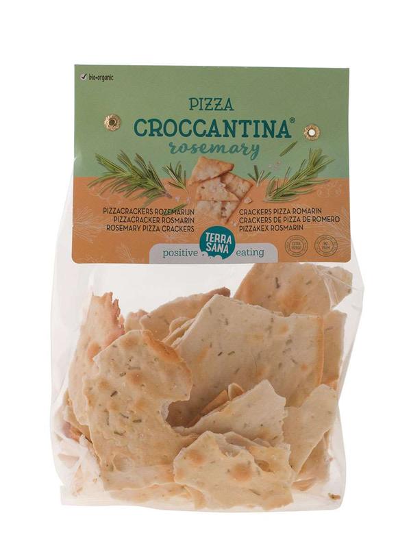 TerraSana Pizza Croccantina Rozemarijn bio snack bag with crispy rosemary-flavored crackers, 200 grams.