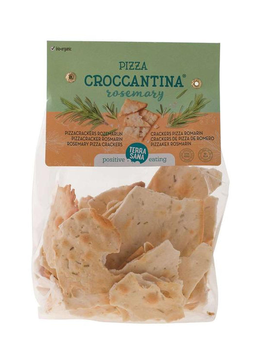 TerraSana Pizza Croccantina Rozemarijn bio snack bag with crispy rosemary-flavored crackers, 200 grams.