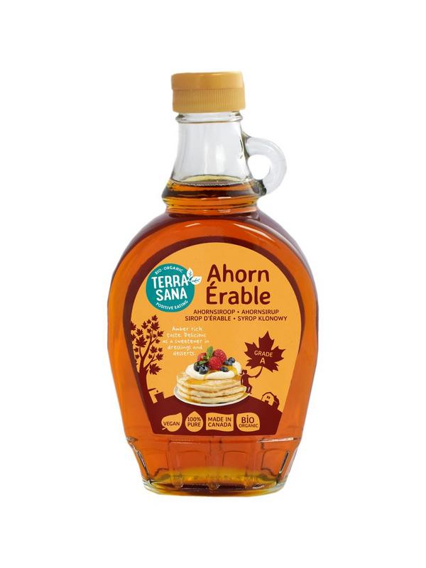 Organic TerraSana Ahornsiroop grade A in 250ml bottle, a natural syrup for sauces and flavorings.