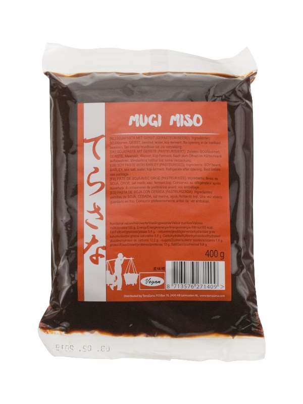 TS Import Mugi Miso soy sauce and seasoning paste in 400g jar, featuring fermented barley grains for cooking and flavoring.