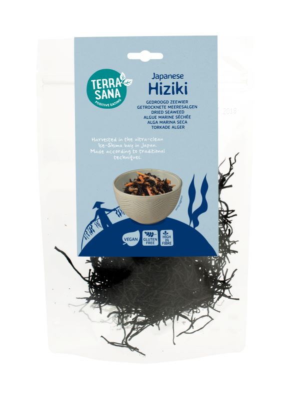 TerraSana Hiziki seaweed in 50g package, used in vegetable and fruit dishes, shown in a clear image.