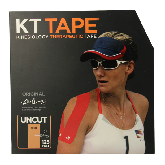 KT Tape Jumbo original beige sport tape roll, 38 meters, precut for muscle support and injury prevention.