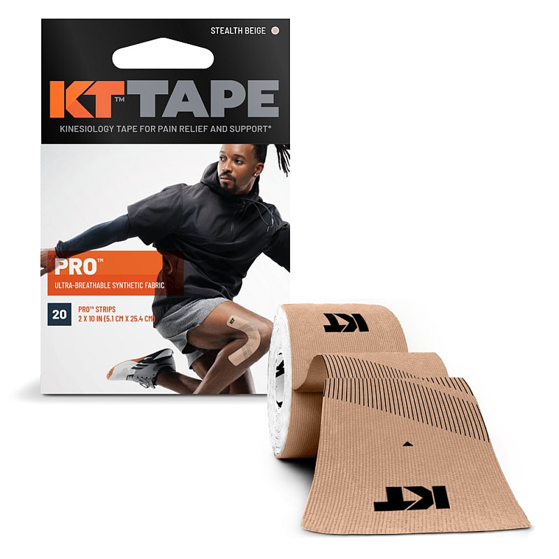 KT Tape Pro beige pre-cut 5-meter kinesiology tape strips, 20-pack for muscle support and injury prevention.