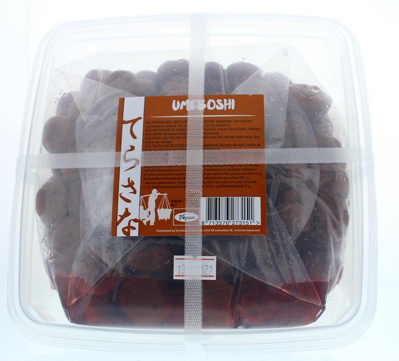 TS Import Umeboshi grootverpakking, 1 kg, Japanese pickled ume plums, displayed in a clear plastic container.