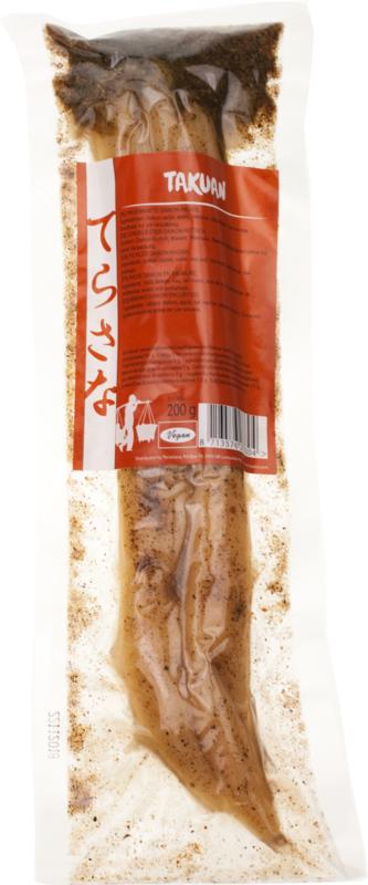 TS Import Takuan daikon radish, 200 grams, fresh sliced Japanese pickled daikon root, ready for culinary use.