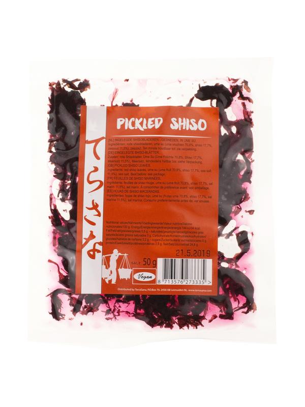 TS Import Shisoblad pickles in a 50 gram packet, featuring fresh, green shiso leaves, ideal for garnishing or adding flavor.