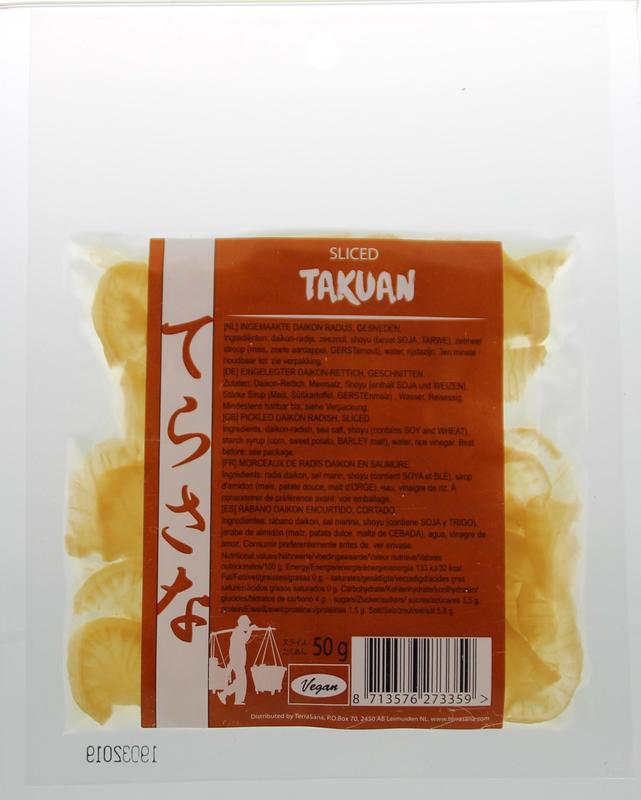 TS Import Slices Takuan pickled daikon radish in a 50g serving, showcasing bright yellow pickled root slices on a white background.