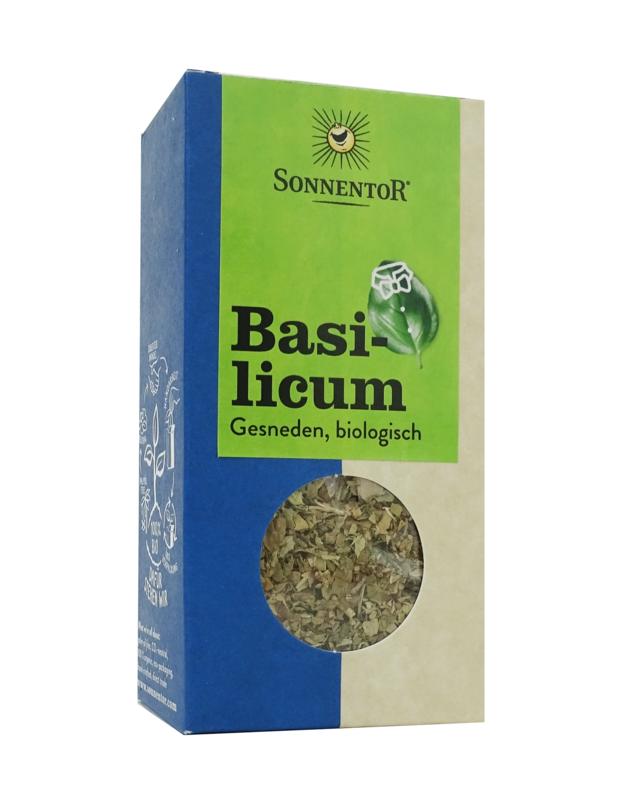 Organic Sonnentor Basilicum basil herb in a 15g package, fresh and aromatic, ideal for cooking and seasoning dishes.