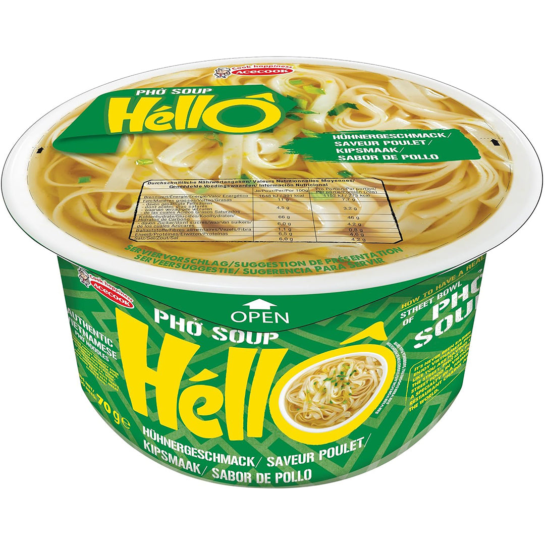 Hello Pho gluten-free instant chicken pho soup 70g, savory broth with noodles and herbs, in a clear cup with packaging.