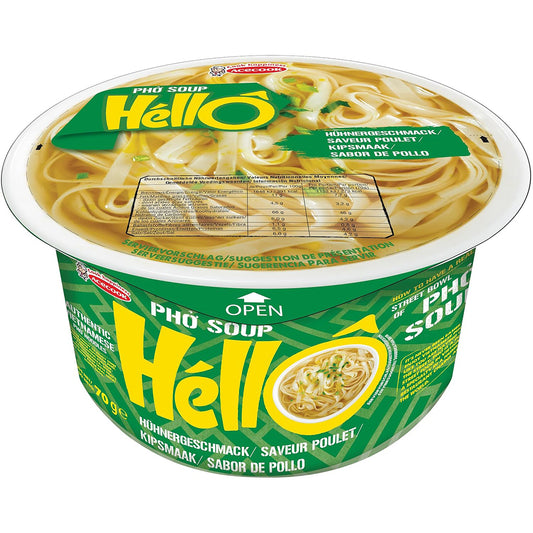 Hello Pho gluten-free instant chicken pho soup 70g, savory broth with noodles and herbs, in a clear cup with packaging.
