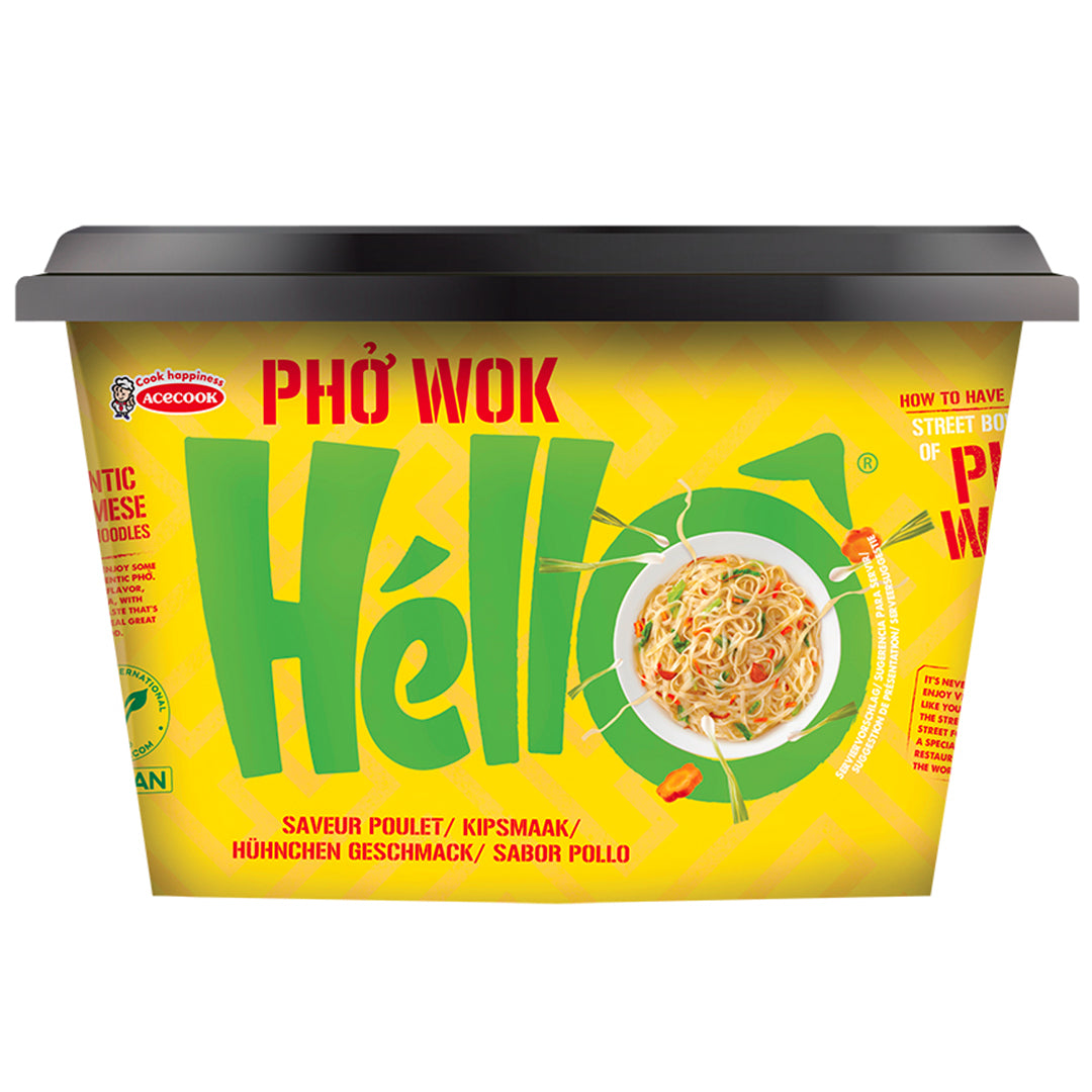 Hello Pho gluten-free instant Pho wok pasta in 76g package, showing the product packaging with branding and product details.